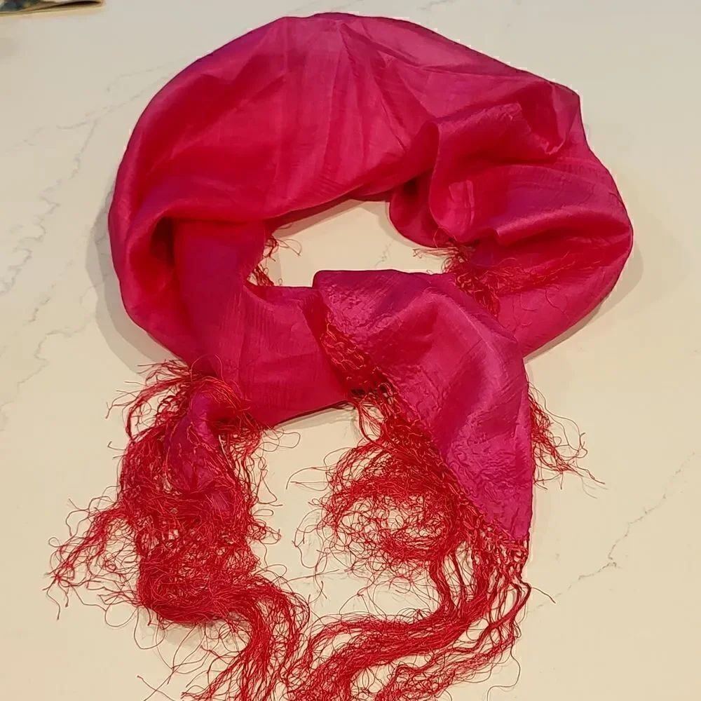 Raw Silk Square Fringed Deep Pink Scarf - Picture 5 of 6